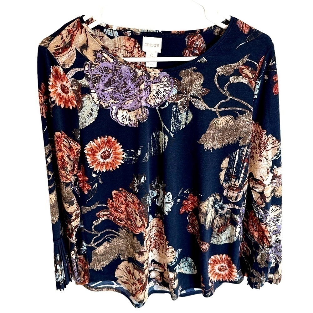 Chico’s Women’s Floral Blouse Bell Sleeve Navy Blue Pink Tan Size Small